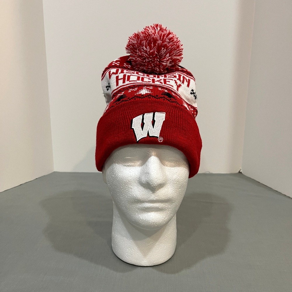 Wisconsin Badgers Hockey Beanie Men OS Red Crease Creatures Fair Isle Pom Hat